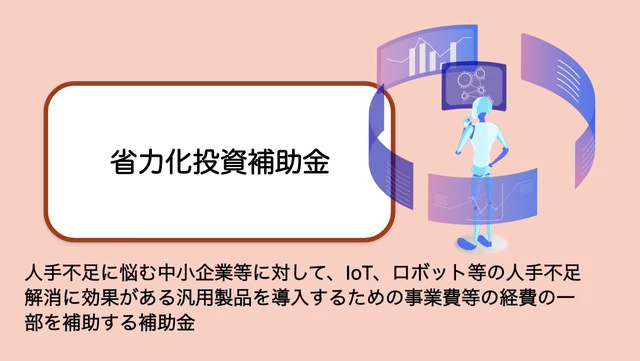 人手不足に悩む中小企業等に対して、IoT、ロボット等の人手不足解消に効果がある汎用製品を導入するための事業費等の経費の一部を補助する補助金。